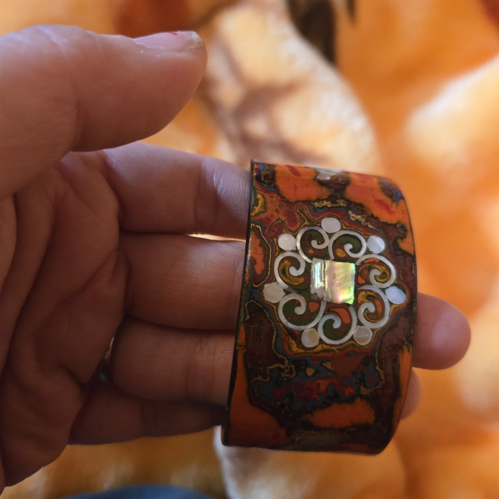 ❤️ Vibrant Artisan Enamel Cuff Bracelet w/ Mother-of-Pearl Inlay – Boho Statemen - Picture 2 of 6